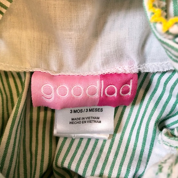 Goodlads Girl's Size 3 Month Ruffled Romper Green Striped with Floral Embroidery - Picture 2 of 4
